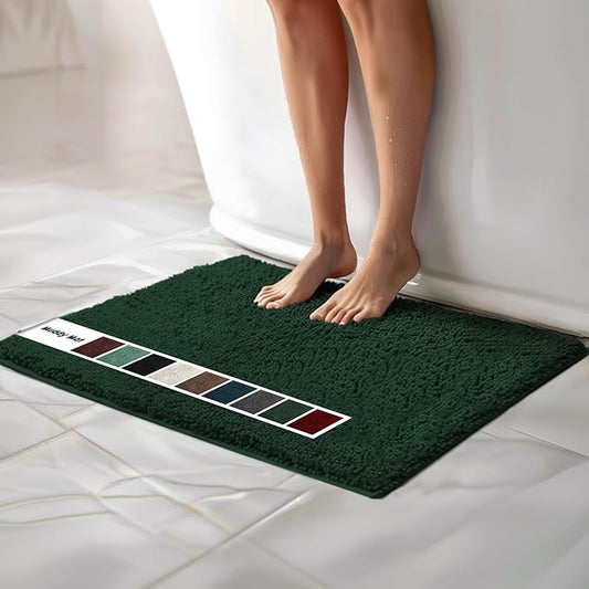 Muddy Mat Chenille Bathroom Rugs Quick Dry Microfiber Mats Non Slip Washable, Extra Thick, Soft and Highly Absorbent Bath Mats for Bathroom, Kitchen, and Shower Floor - Dark Green Large 35"X24"