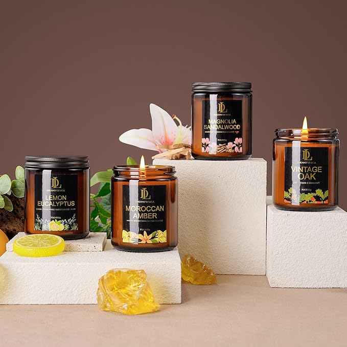 Scented Candle Set, 4 Pack Soy Candles for Home Scented, 200 Hour Burn Time, Candle Gifts for Women Men, Scents of Lemon Eucalyptus/Moroccan Amber/Magnolia & Sandalwood/Vintage Oak
