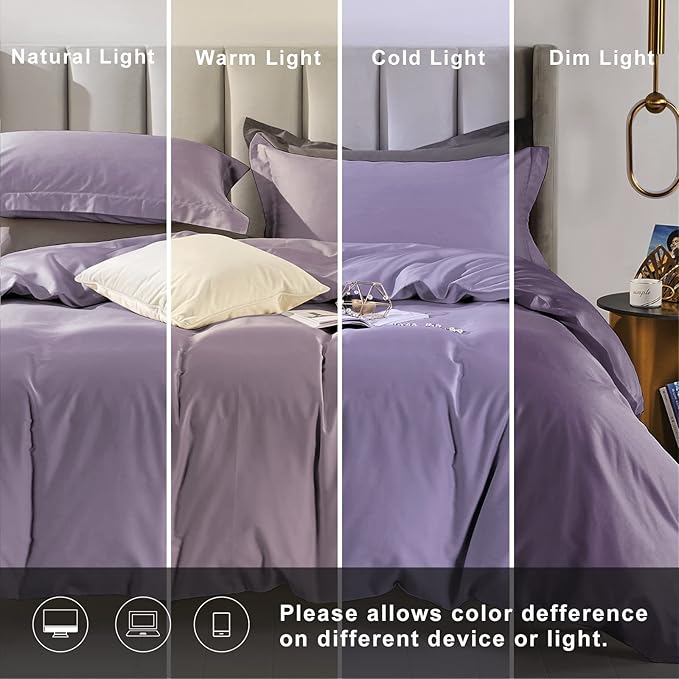 MILDLY 100% Long-Staple Cotton Duvet Cover Set King Size Purple Comforter Cover Sets Ultra Soft Bedding Set 3 PCS with Zipper Closure & Corner Tie (No Comforter)