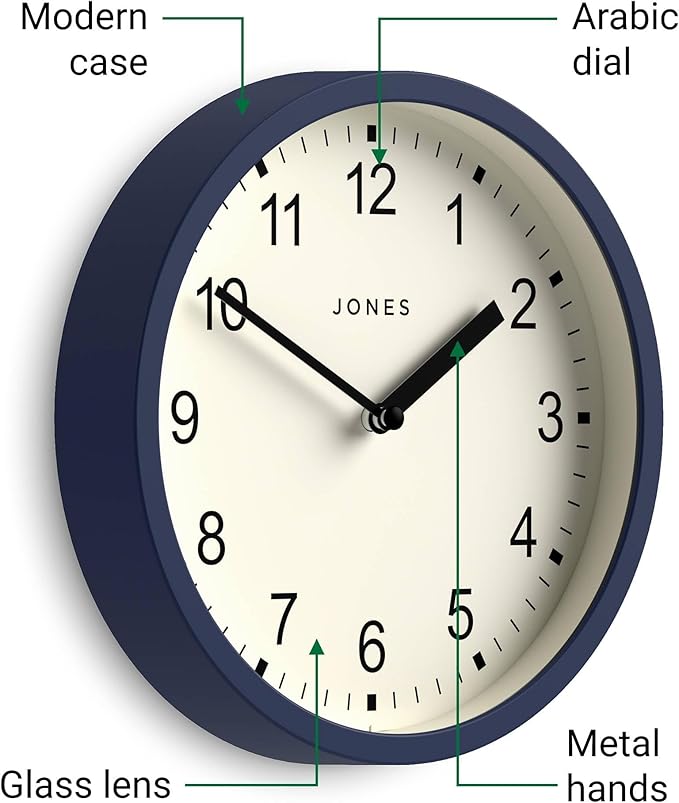 JONES CLOCKS® Spin Wall Clock | Small Modern Round Clock | 8inch | Dark Blue | Easy to Read Numbers | Ideal for Kitchen, Office, Children’s Room or Any Small Space