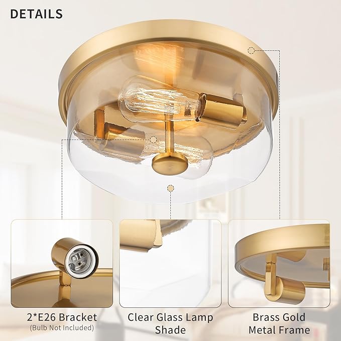 Gold Flush Mount Ceiling Light, 2-Light Hallway Light Fixtures, Modern Farmhouse Farmhouse Ceiling Light Clear Glass Brushed Gold Finish for Kitchen Porch Entryway