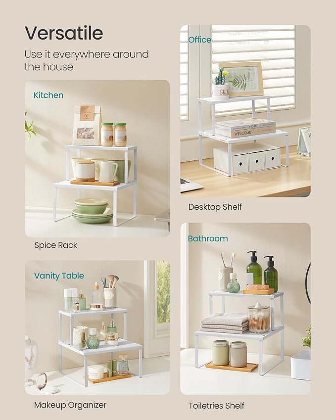 SONGMICS Spice Racks, Set of 2 Metal Cabinet Shelf Organizers, Countertop Organizers, Shelf Risers, Stackable, Expandable, White UKCS005W01