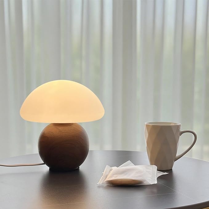 Mushroom Lamp Ceramic Base,WoodColour Cute 70s Mid Century Modern Decor Lamp for Bedroom,Small Abstract Table Bedside Glass Mood Coze Fun Warm Light