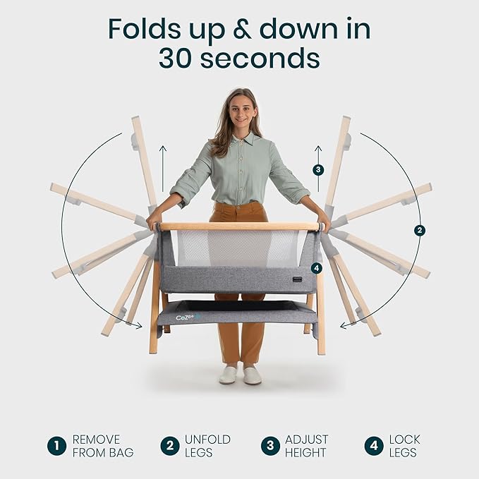 CoZee® Air Baby Bassinet & Bedside Sleeper - Rocking Bassinet for Baby, Fast-Folding with Travel Bag, Deluxe Airflow Mattress & 6 Mattress Heights, 0-6 Months (Oak & Charcoal)