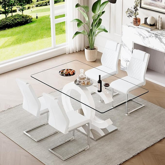 63'' Glass Dining Table Set for 4, Kitchen Table Chairs Set of 4, Clear Glass Dining Table with White unique design Leg and Silver Metal Base, 4 PU Dining Chairs with Metal Legs, Living Room, Kitchen.