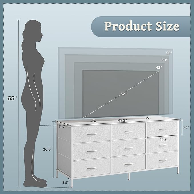 Huuger 9 Drawer Dresser, 47 Inch TV Stand for 50, 55 Inch TV, Entertainment Center with Drawers, Fabric Dresser Chest of Drawer for Bedroom, Closet, PU Leather Surface, White