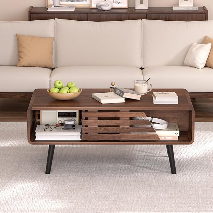 Mid Century Modern Coffee Table - Coffee Table for Living Room, 39.4" Fluted Design with Sliding Door Storage & Open Shelves, Wood Construction, Walnut