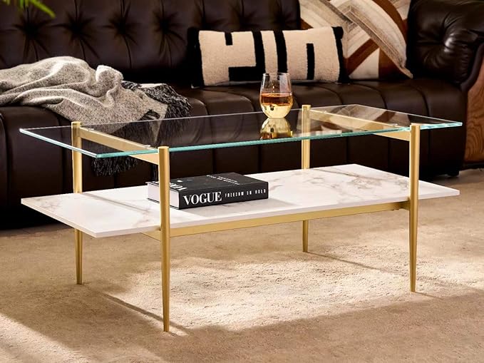 Shrine Rectangle Coffee Table, Mid-Century Modern Design, 2-Tier Structure, Clear Glass Top and White MDF Shelf, 41" D x 21" W x 17" H, Sleek Conical Metal Legs with Gold Finish