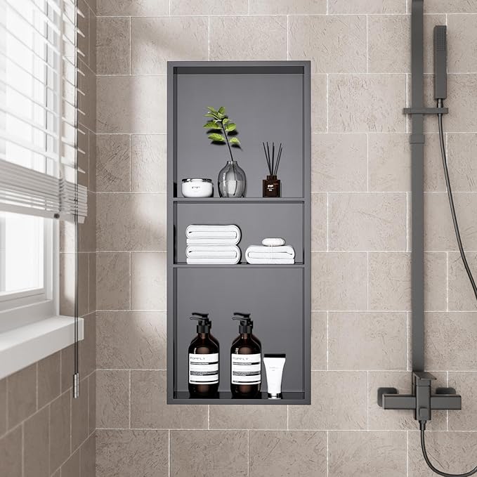 POPFLY 12"x30"x4" Dark Grey Shower Niche, 3 Layer Stainless Steel Recessed Shelf, No Tile Needed Recessed Storage Wall Niche for Bathroom/Laundry Room