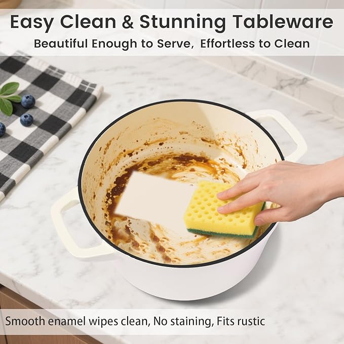 Hisencn Stackable Enamel Cookware Set, 5-Piece – 5.2QT Pot with Lid, 10-in Skillet, 4QT Frying Pan with Universal Glass Lid, Space-Saving Design, Oven and Stovetop Safe (Up to 500°F), Cream White