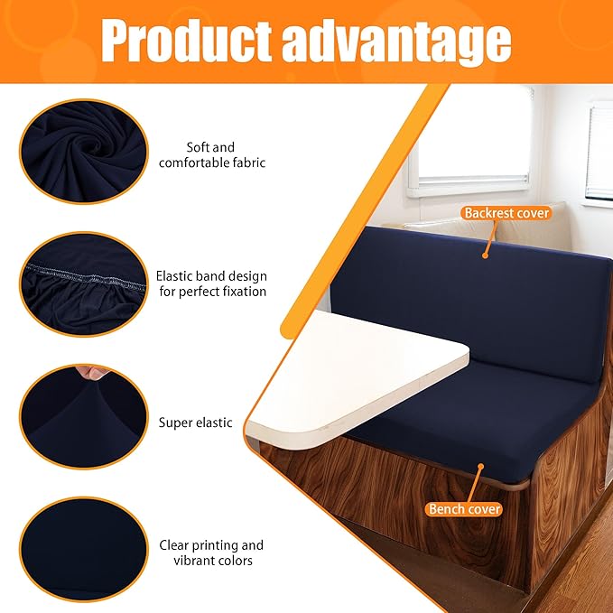 Rv Dinette Cushion Covers,Printing Stretchable Camper Cushion Cover,RV Cushion Slipcover,Rv Couch Cover Replacement for RV Camper Car Bench,2 Backrest Covers and 2 Bench Covers (Navy Blue)