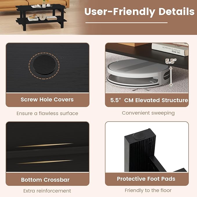 Giantex Coffee Table with Storage, 45 Inch Modern Center Table with Slatted Design & Side Rail Support, Rectangular Living Room Table for Small Spaces, Black