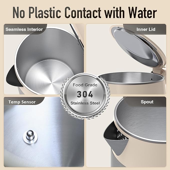 Mecity Electric Kettle 1.7L Touch Screen Temperature Control Water Boiler, No Plastic Contact with Water. 6 Presets For Tea and Coffee, 2 Hours Keep Warm, Cream & Stainless Steel Color