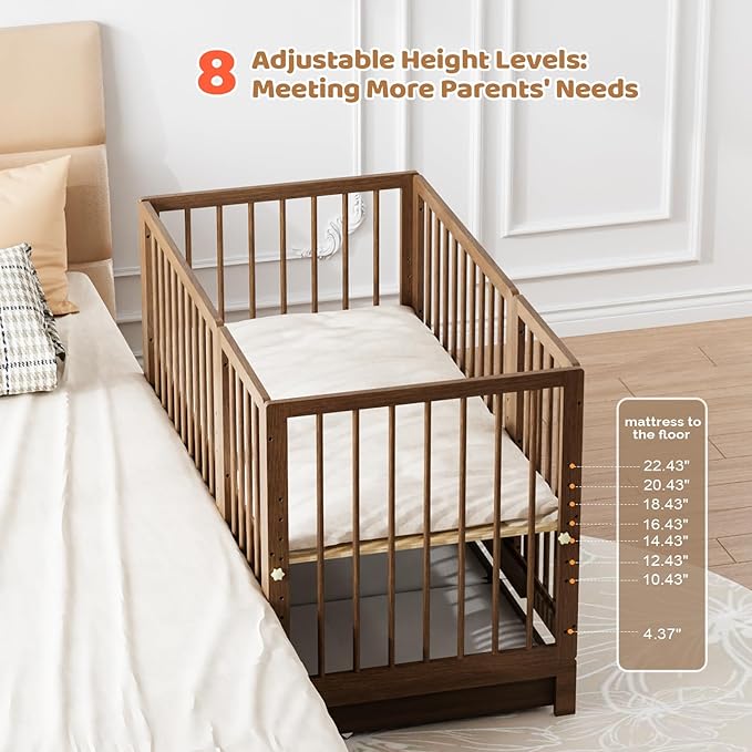 JOYMOR 8 in 1 Convertible Crib with Changer, Include 2” Mattress, Converts to Bassinet, Mid Crib, Full Size Crib, Daybed,Toddler Bed and Playard (Crib with Drawer, Honey Wood)