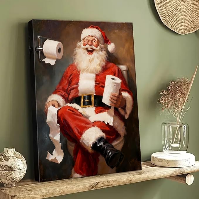 Comical Santa Claus Christmas Canvas Wall Art - Humorous Office & Bathroom Framed Print Ready to Hang, Playful Christmas Gifts for Family, Whimsical Winter Decor & Entertaining Christmas Decorations