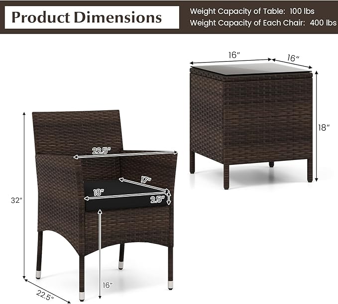 Tangkula 3 Pieces Patio Rattan Furniture Set, Outdoor Conversation Set with PE Wicker Armchairs, Tempered Glass Top Coffee Table, Soft Removable Cushions, for Porch Garden Yard Balcony (Black)