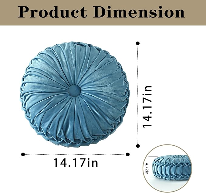 HIG Set of 2 Dusty Blue Ruched Velvet Round Throw Pillows – 14.5’’ Decorative Pillows with Soft Polyester Filling for Couch, Bed, Living Room, Bedroom, or Dorm – Handmade, Stress Relieving, All-Season