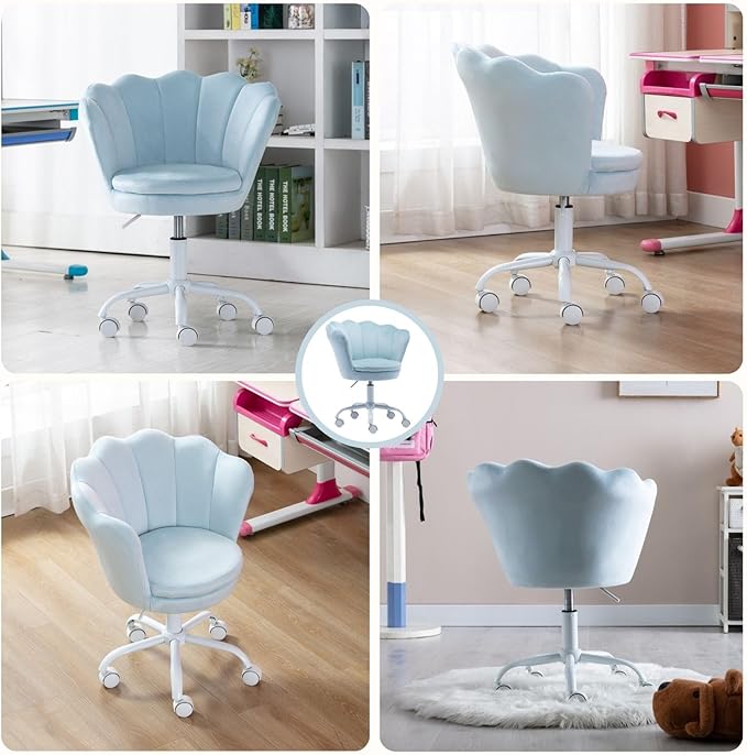 Velvet Desk Chair for Kids 8-12 Teen Room with Wheels, Upholstered Adjustable Children Computer Chair Comfy Rolling Study Armchair 360° Swivel Back and Arms for Teen Girls or Boys Bedroom, Blue