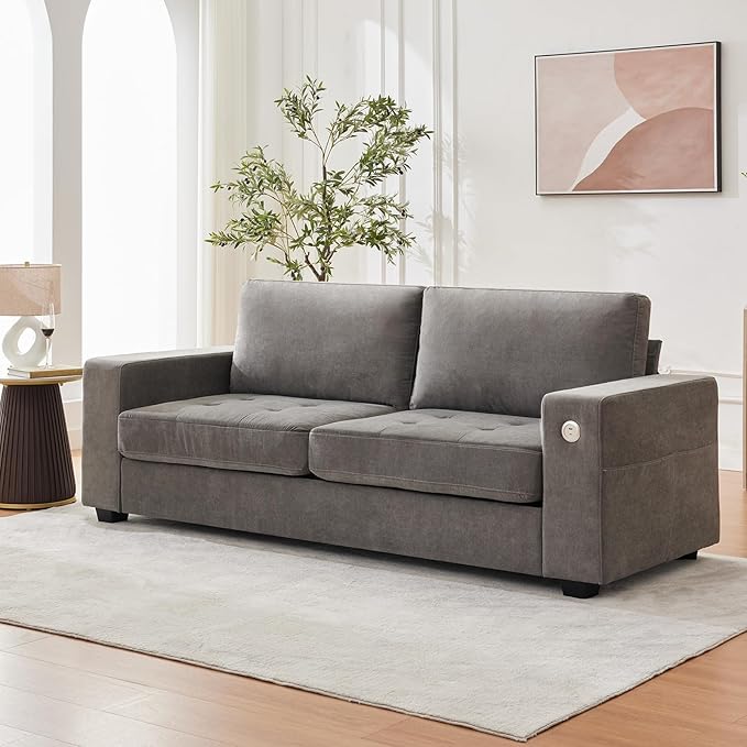 Garvee 90" Chenille Fabric Sofa Modern Comfort Sofa with USB/Type-C Ports, Deep Seat Cushions, Removable Cover, Wide Armrests Ideal for Living Rooms, Small Spaces & Apartments - Gray
