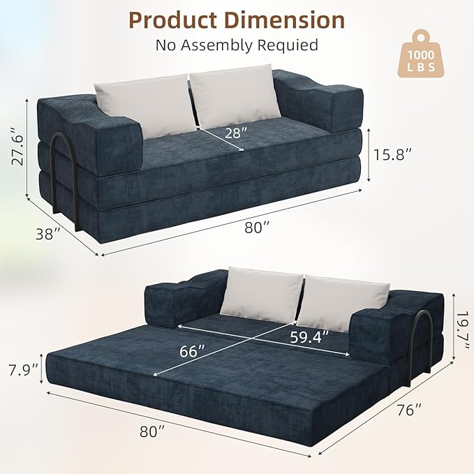 Rovibek 80-Inch 4-in-1 Boneless Sofa Bed – Corduroy Convertible Loveseat Sleeper, Fixed-Shape Frame, No Assembly Required, Space-Saving Pull-Out Futon for Living Room & Bedroom, Blue