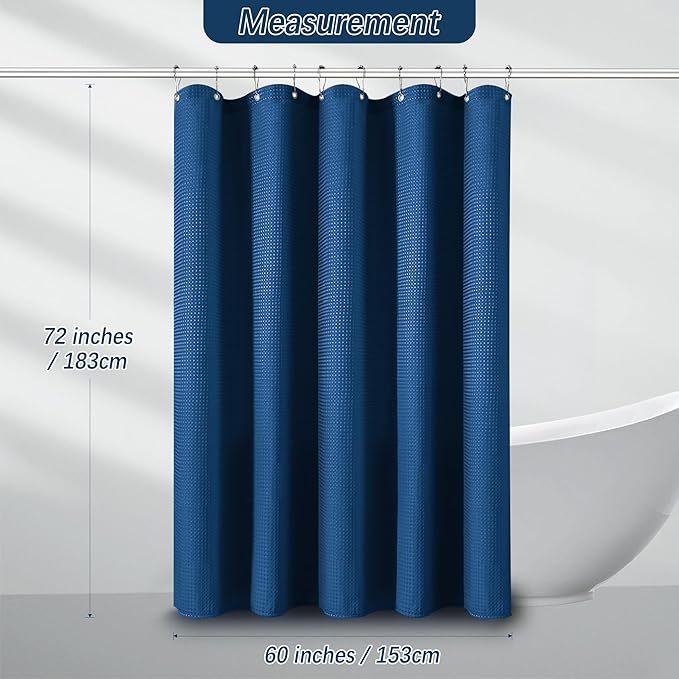 Classic Blue Fabric Shower Curtain for Bathroom Stall, 60 inche Waffle Weave Machine Washable Waterproof 256GSM Heavy Duty Weighted Bath Curtain Set with 10 Metal Hooks, 60Wx72H
