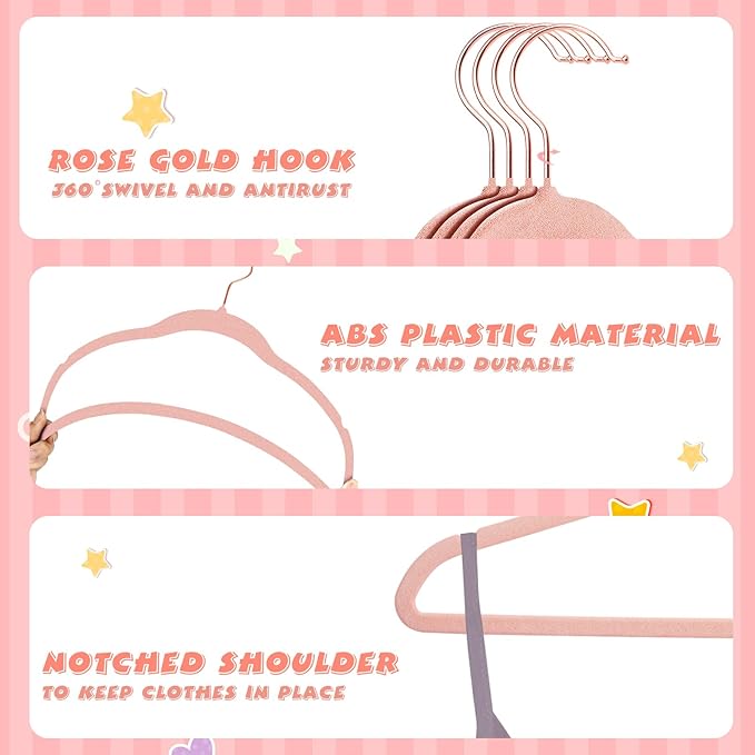 ManGotree Baby Velvet Hangers with 360° Swivel Rose Gold Hook, 11" Non-Slip Toddler Hanger, Ultra Thin Space Saving Infant Hangers for Kids Clothes, 15 Pack (Light Pink)