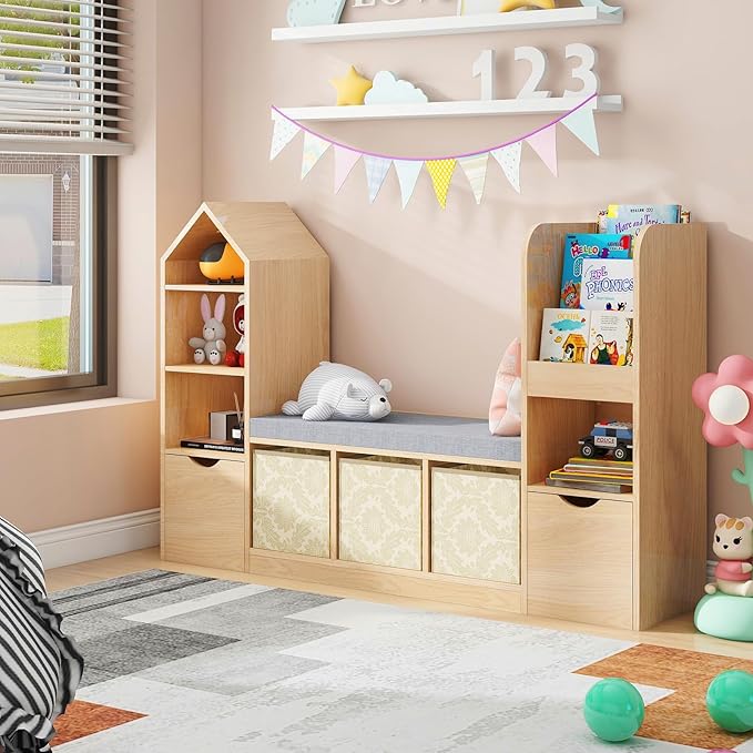 Kids Bookcase and Bookshelf with Reading Nook, Toy Storage Organizer, Oak Bookcase with 7 Storage Cubbies, 2 Movable Drawers and Seat Cushion for Kids Room, Playroom, Bedroom