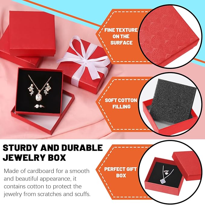 Tanstic 12Pcs Cardboard Jewelry Gift Boxes Kit, 3.5 x 3.5 x 1.2 Inch Red Gift Boxes Cardboard Jewelry Boxes with 74ft White Ribbon and Scissor for Rings, Necklaces, Earrings, Bracelets