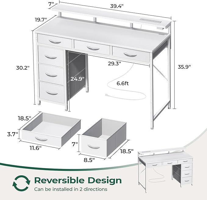 Huuger Gaming Desk with 6 Drawers, Computer Desk with LED Lights Power Outlets and Type-C, 39 Inch Office Desk with Storage, Monitor Stand, Writing Desk Work Desk Home Office, Bedroom, Study, White