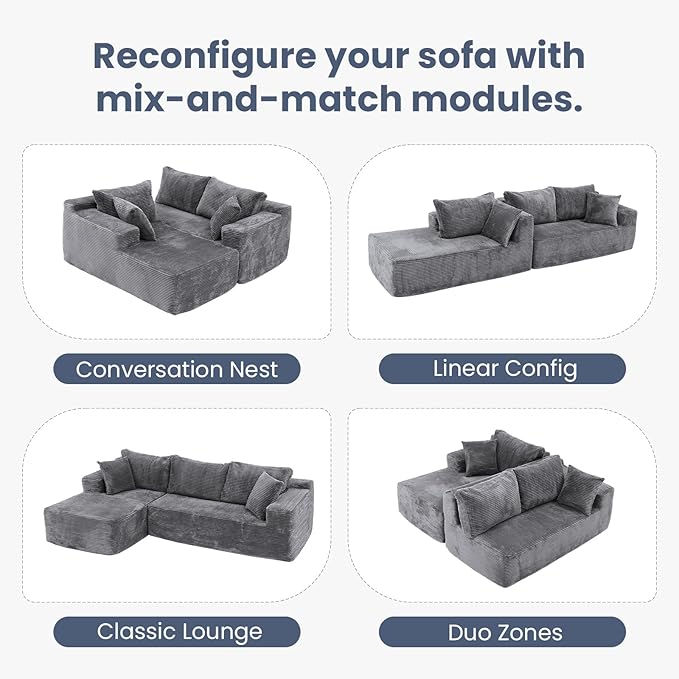 OC Orange-Casual 106.3" Cloud Sectional Couch with L-Shape Chaise,No Assembly Required Modular Sofa,Upholstered Boneless Couches for Living Room, Plush Corduroy Fabric (Grey, Left Facing Chaise)