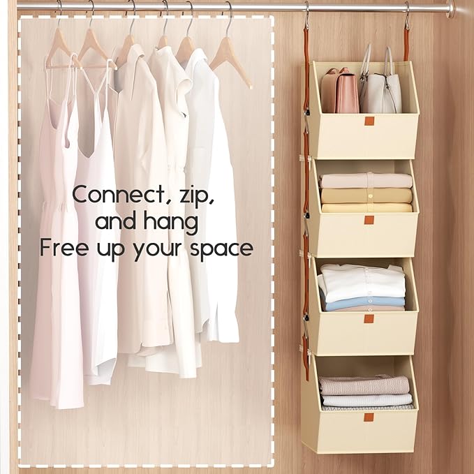 Hanging Closet Organizer 4 Tier - Clothes Hanging Shelves, Space-Saving Closet System, Fabric Storage Bins Bedroom Organization, Collapsible Baskets for Home, Dorm, Rv, Beige, 2 Pack