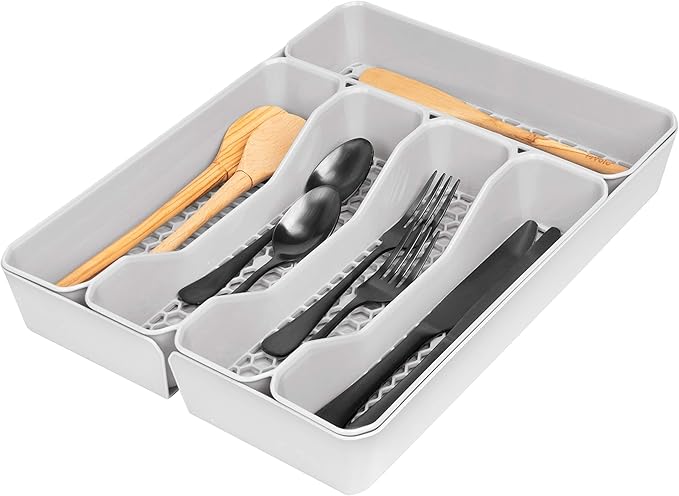 Spectrum HEXA 5-Divider Expandable Silverware Tray (Stone Gray) - In-Drawer Organizer for Kitchen Accessories, Cutlery, Knives, & More/Easy-to-Clean Home & Apartment Essential (Pack of 2)