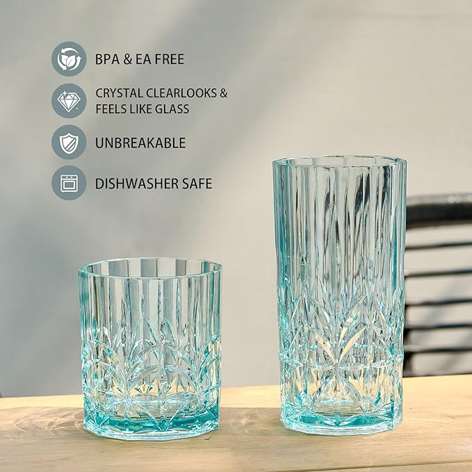 BELLAFORTE Tritan Plastic Whiskey Glasses Set of 4, 13oz Unbreakable Wine Glasses, Shatterproof Crystal Cut Drinking Glasses for Old Fashioned, Cocktails - BPA Free - Dishwasher Safe - Clear