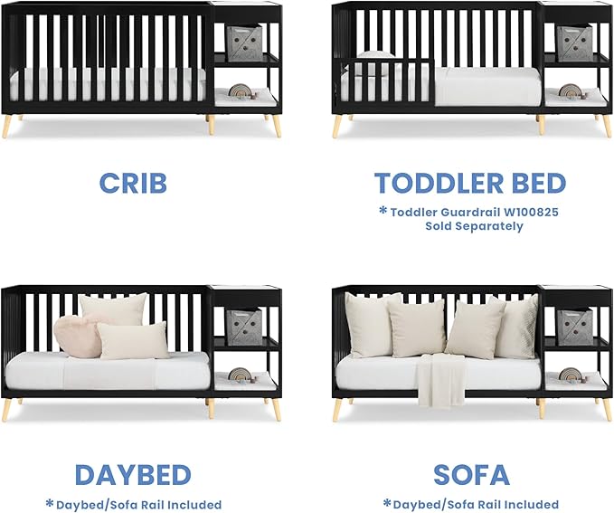 Delta Children Essex 4-in-1 Convertible Crib and Changer, Black Ebony w/Natural Knobs
