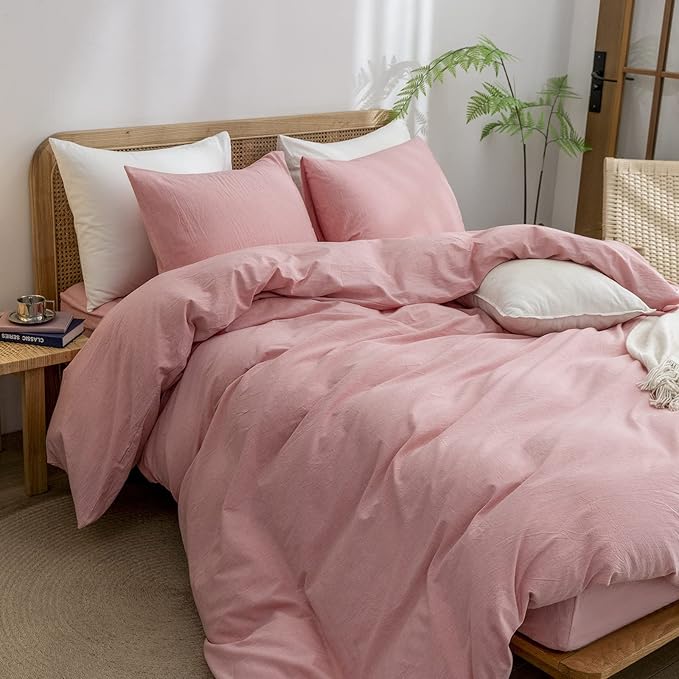 BESTOUCH Duvet Cover Set 100% Washed Cotton Linen Feel Super Soft Comfortable Chic Lightweight 3 PCs Home Bedding Set Solid Red Pink Queen
