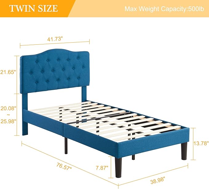 VECELO Twin Size Bed Frame Upholstered Platform with Tufted Adjustable Headboard/Mattress Foundation with Wood Slat Support, Easy Assembly,Blue
