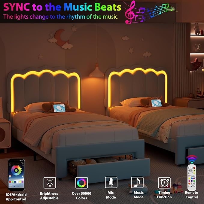 Twin Upholstered LED Bed Frame with Storage Drawer and Adjustable Chic Double Wavy Headboard, Velvet Princess Platform Bed for Kids/Girls, Solid Wood Slats Support, No Box Spring Needed, Blue