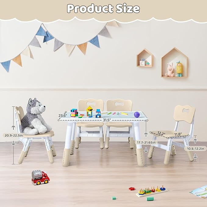 Toddler Table and 4 Chairs Set, Height Adjustable Kids Table and Chairs, 31.5''L x 23.6''W, Marble Pattern & Graffiti Desktop, Children Multi-Activity Table for Home/Daycare/Classroom