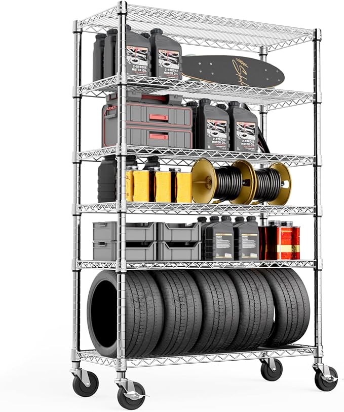 Steel Storage Shelving 6-Tier Utility Shelving Unit with Wheels, Steel Organizer Wire Rack for Home,Kitchen,Office,Garage,17.7" D x 47.2" W x 76.7" H