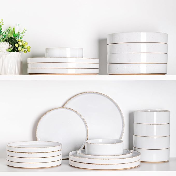 AmorArc Ceramic Dinnerware Sets for 8, 24 Pieces Handpainted Plates and Bowls Set with Rustic Terracotta Underside, Scratch Resistant Stoneware Dishes Set, Dishwasher & Microwave Safe