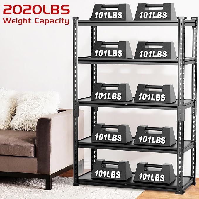 Upgraded 2020LBS Garage Shelving Units, 72" H Double Veneer Shelf Board for Waterproof and Anti-scratch, 5-Tier Storage Shelves Heavy Duty, Adjustable Metal Rack for Kitchen, Basement, Warehouse, 2PCS