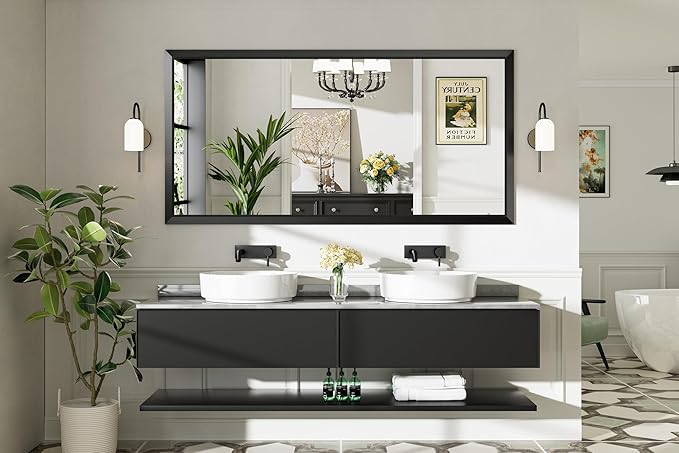 72x36 Inch Black Bathroom Mirror for Wall, Thick Metal Framed Rectangle Mirrors for Over Sink, Bedroom, Living Room, Entryway, Anti-Rust, HD Tempered Glass