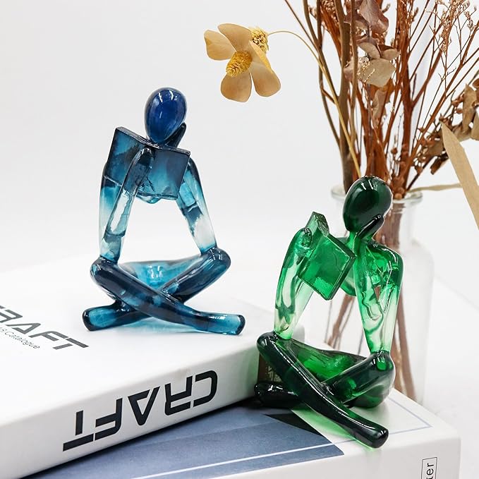 Reading Women Statue, Translucent Blue Resin Thinker Sculptures, Abstract Art Ornament, Modern Aesthetic Figurine Decoration for Home Living Room Bedroom Office Shelf Table Desk Bookshelf Decor