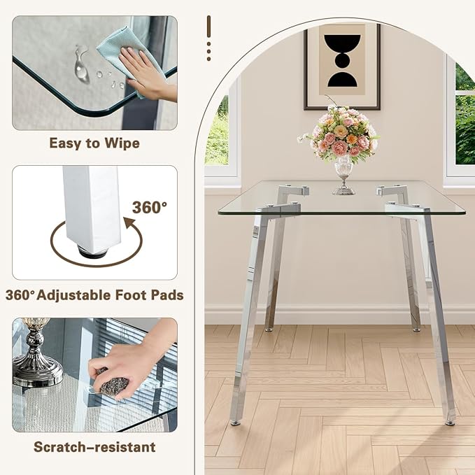 Glass Dining Table Set for 4,Rectangle Dinner Table with 4 Grey Leather Kitchen Chairs,51 in Kitchen Room Dining Set,0.31” Tempered Glass Table Top with Silver Metal Legs,4 Dining Chairs Set