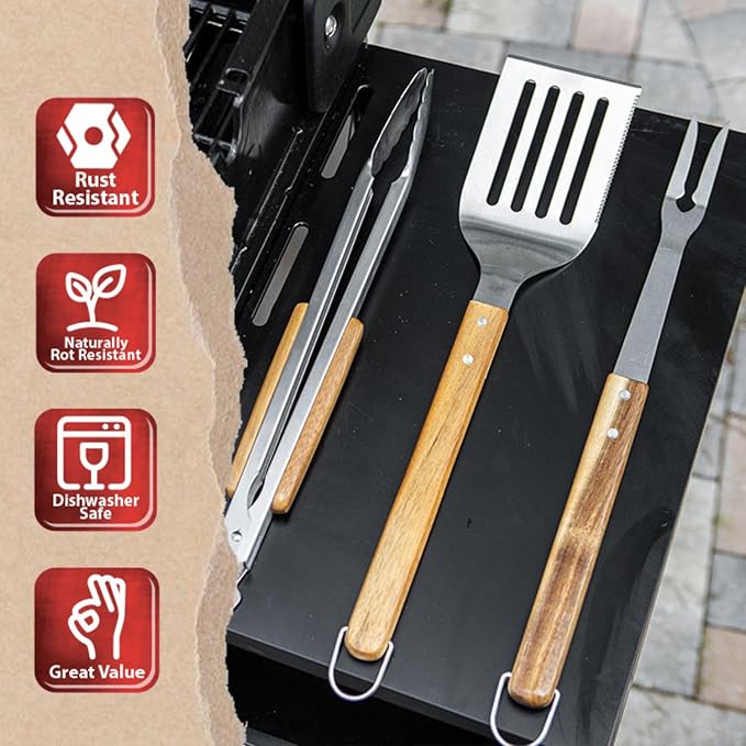 BBQ-AID Pro BBQ Metal Spatula - 17" Barbecue Spatula Stainless Steel with Serrated Knife Edge - Acacia Wood Handle - Heavy Duty Built to Last