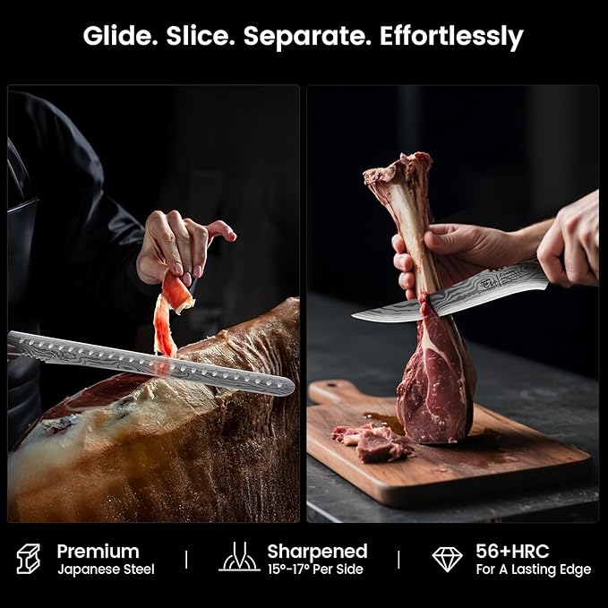 BBQ Carving Knives Set, Brisket Slicing Knife and Boning Knife for Meat Cutting, Razor Sharp Japanese Style High Carbon Steel Kitchen Knives, Wood Ergonomic Full Tang Handle, Ideal for Gift