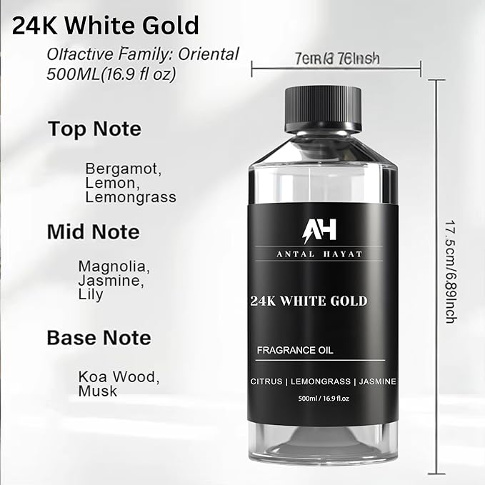 24K Diffuser Essential Oil Scent - Luxury Hotel Inspired Aromatherapy Scent Diffuser Oil - Hints of Zesty Citrus, Floral Jasmine, & Delicate Lily - for Essential Oil Diffusers - 500mL