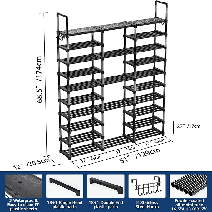 Mavivegue 10 Tiers Shoe Rack Tall Shoe Organizer Shoe Storage 55-65 Pairs Vertical Shoe Shelf Large Shoe Rack Organizer Stackable Shoe Racks for Entryway, Closet, Garage, Bedroom,Cloakroom -Black