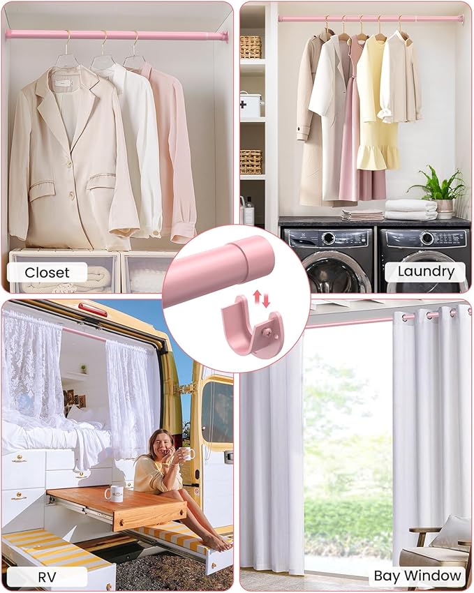 Closet Rods for Hanging Clothes, 17 to 99 Inches Stepless Adjustable Metal Closet Rod, 1.3 Inches Heavy Duty Clothes Hanging Rod for Closet Wardrobes Laundry RV, Pink