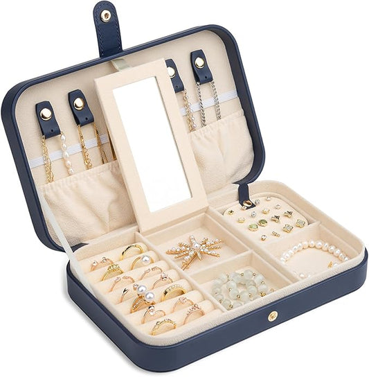 Travel Jewelry Case, Jewelry Box Small PU Leather Portable, Jewelry Travel Case for Rings Earrings Necklaces Bracelets Watch, Navy A